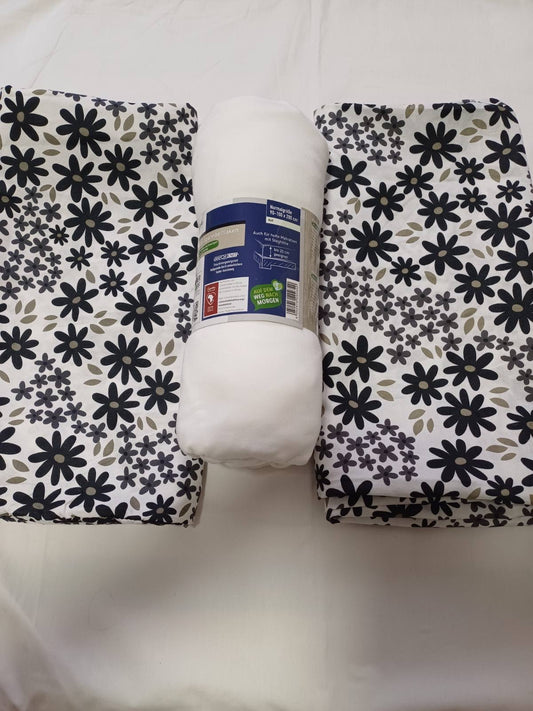 Jastučnice 2/1+plahta
Dimenzije:
Jastučnica 40x80 cm
Plahta 100x200 cm
Sastav:
Jastučnice 100% poliester
Plahta 100% pamuk